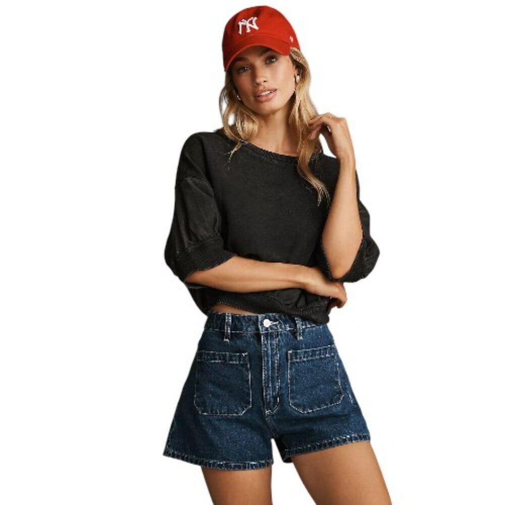 Anthropologie Black Cropped Puff-Sleeve Top